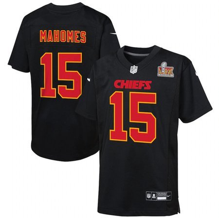 Youth Kansas City Chiefs #15 Patrick Mahomes Carbon Black Super Bowl LIX Patch Fashion Game Jersey